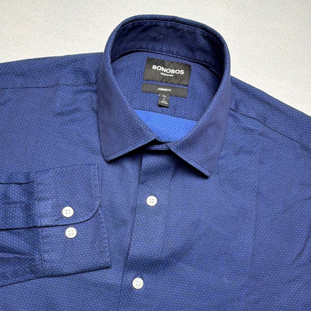 Bonobos Wrinkle Resistant Standard Fit Blue Dress Shirt Mens L 34/35 Solid